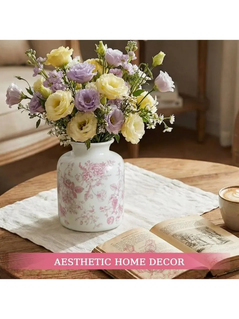 Large Pink Vintage Floral Vase - Retro Rustic Ice Cracked Ceramic Home Decor